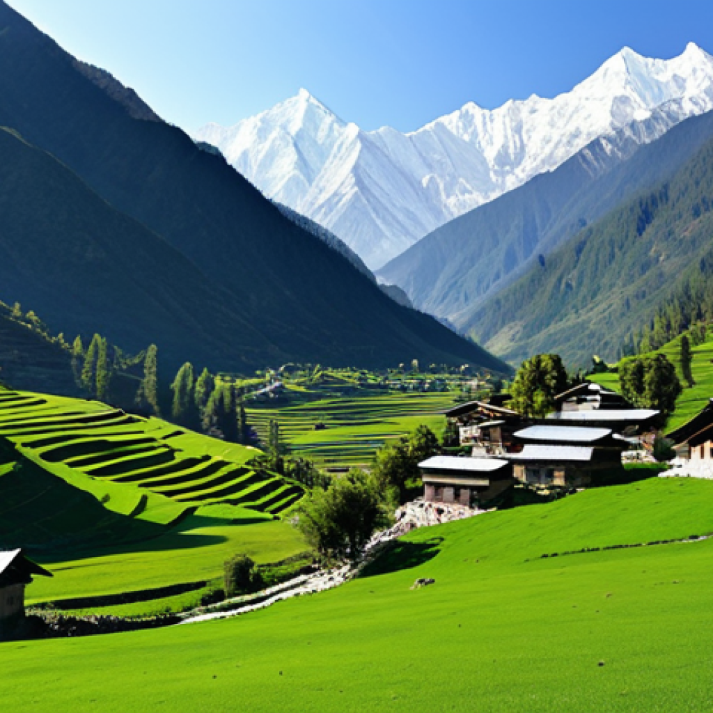 **A serene landscape**: "A peaceful Himalayan valley with snow-capped mountains, lush green meadows, and a clear blue sky. A small village with traditional houses is nestled in the valley. Soft, warm light. High quality, professional photography, safe for work, appropriate content, fully clothed, family-friendly."