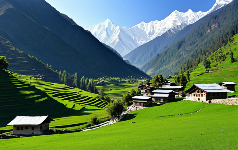**A serene landscape**: "A peaceful Himalayan valley with snow-capped mountains, lush green meadows, and a clear blue sky. A small village with traditional houses is nestled in the valley. Soft, warm light. High quality, professional photography, safe for work, appropriate content, fully clothed, family-friendly."