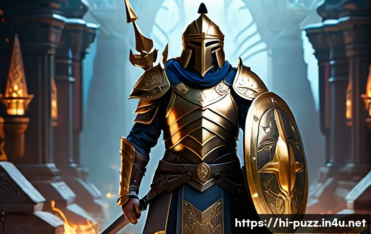 퍼즐오브Z 방어구 강화 방법 - A detailed fantasy warrior clad in medium armor with a balanced design, combining agility and protec...