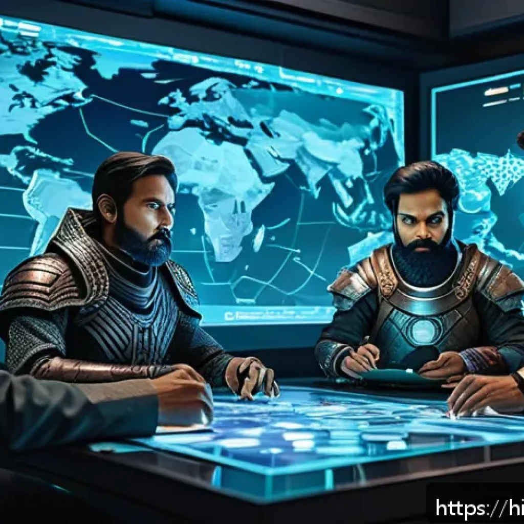 퍼즐오브Z 길드 전쟁 공략 - A dynamic guild war command center scene showing a diverse team of Indian-inspired fantasy heroes ga...