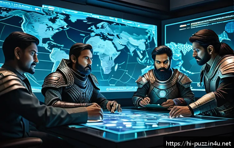 퍼즐오브Z 길드 전쟁 공략 - A dynamic guild war command center scene showing a diverse team of Indian-inspired fantasy heroes ga...