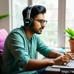 Home 23 퍼즐오브Z 월간 미션 공략 - A focused young Indian gamer sitting at a desk in a cozy room decorated with traditional Indian art ...