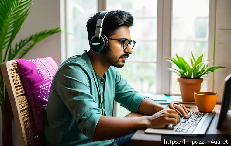 퍼즐오브Z 월간 미션 공략 - A focused young Indian gamer sitting at a desk in a cozy room decorated with traditional Indian art ...