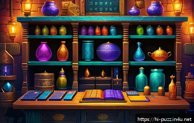 퍼즐오브Z 아이템 교환소 공략 - A detailed digital artwork of a strategic gamer’s inventory screen from a fantasy puzzle game, showi...