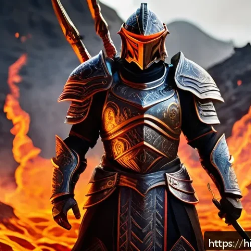 퍼즐오브Z 보스 드랍 아이템 - A fierce warrior character wearing the rare &ldquo;Fire Dagger&rdquo; avatar armor set, detailed with glowing em...