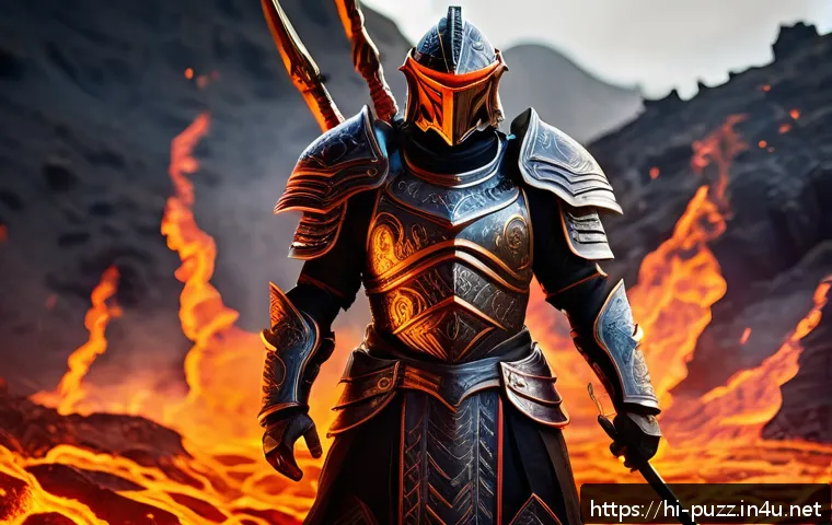 퍼즐오브Z 보스 드랍 아이템 - A fierce warrior character wearing the rare “Fire Dagger” avatar armor set, detailed with glowing em...