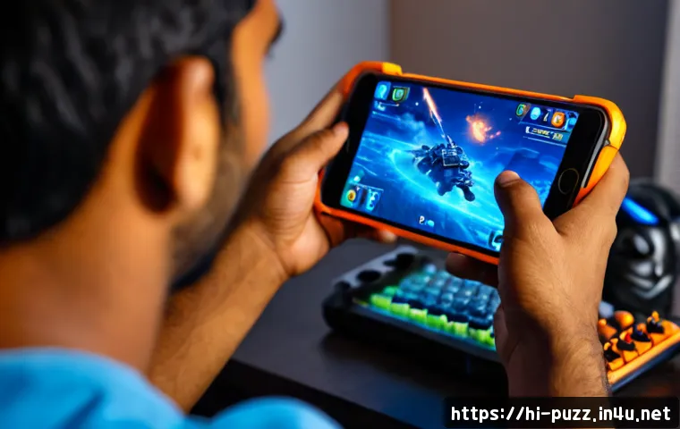 퍼즐오브Z 공격형 클래스 장점 - Photorealistic close-up of an Indian mobile gamer at a tidy desk, confidently holding a smartphone d...