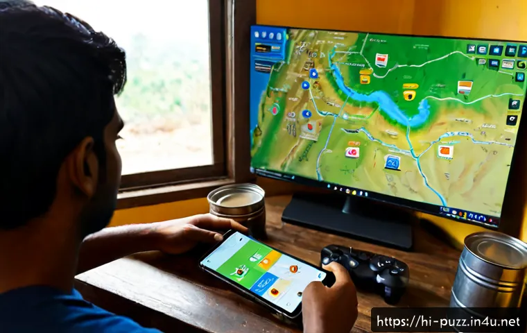 Home 17 퍼즐오브Z 맵별 자원 위치 - Photorealistic over-the-shoulder view of an Indian gamer at a tidy home desk, studying a smartphone ...